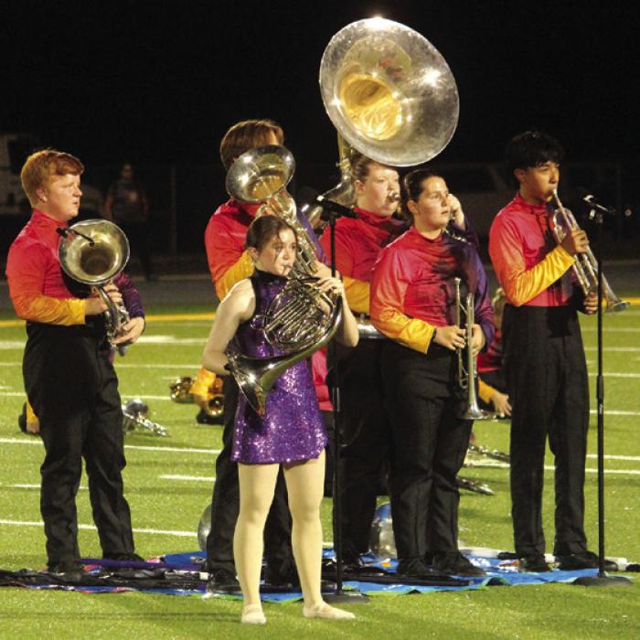 From left to right, La Grange soloists, during last Friday’s halftime performance – Grady Kocian, Kayden Cooper (obstructed), Layla Pietsch, Madison Messer, Lauren Rusek, Yahir Soriano. Photo by Jeff Wick