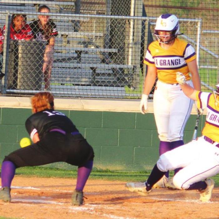 La Grange’s Madi Schroeder slides into home in Friday’s 17-0 win over Austin Eastside. Photo by Jeff Wick