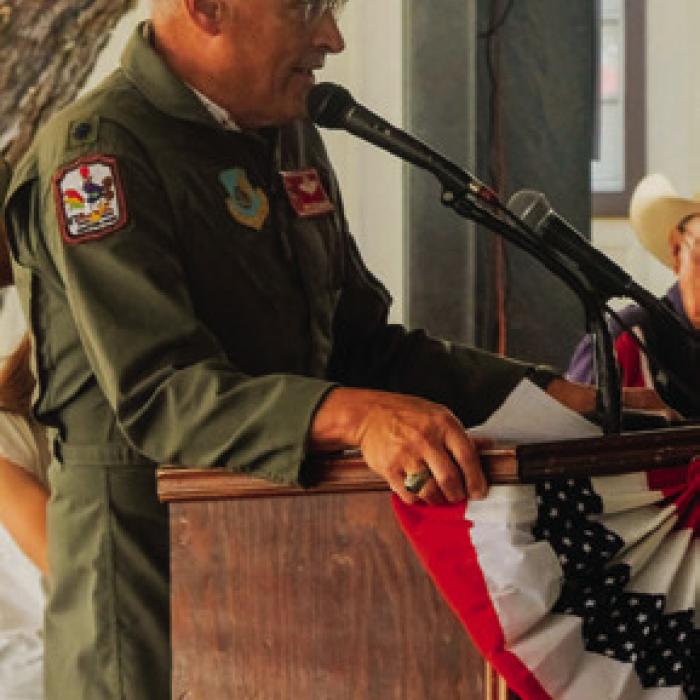 Retired Air Force Lt. Col. Dennis Geesaman gave a speech during the opening ceremonies