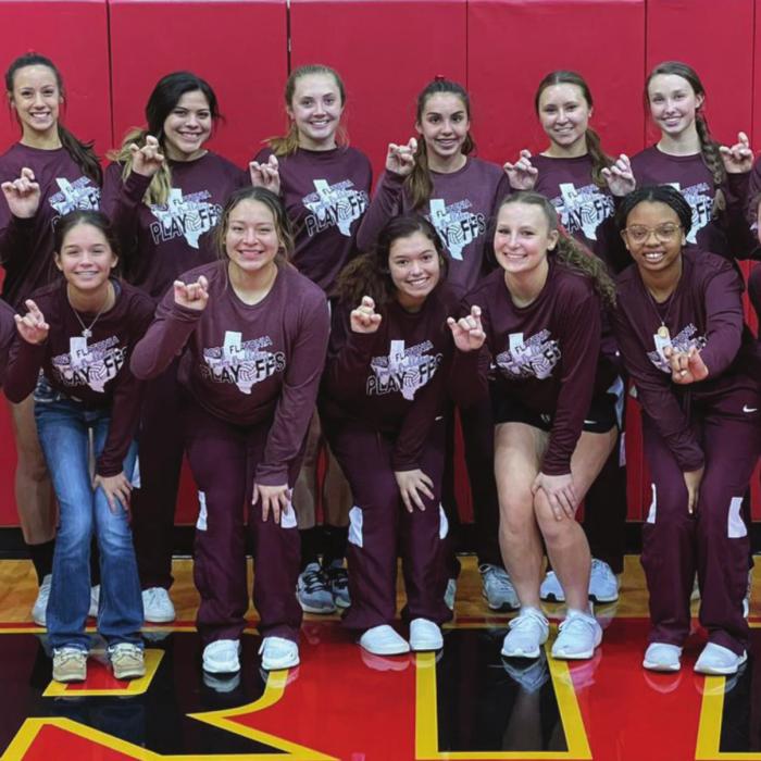 The Flatonia volleyball team celebrates after Monday’s playoff victory.