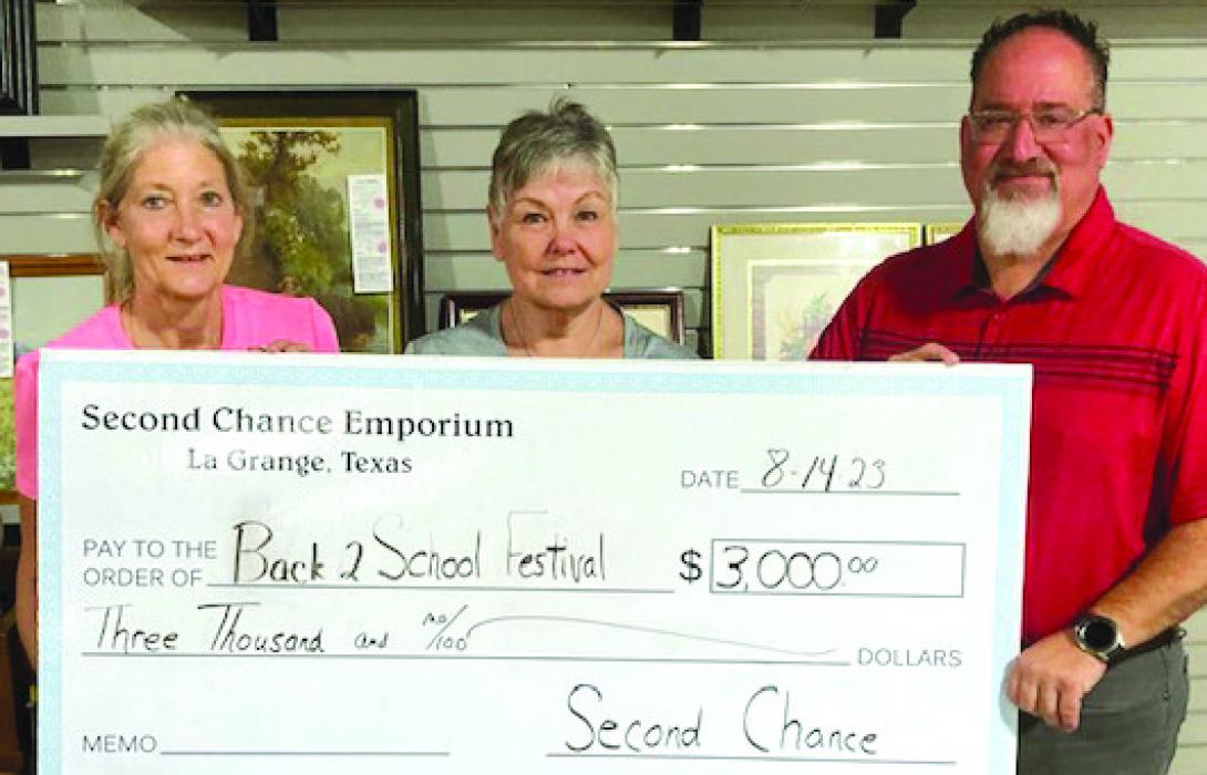 Second Chance Emporium (SCE) recently donated $3,000 to be a sponsor of the Tejas Health Care Back 2 School Festival. Monies donated provided 75 backpacks, prefilled with school supplies, for students in need to be successful in the classroom. Pictured from left to right: Gayle Schielack, SCE Store Director; Darlene Strahan, SCE Assistant Store Director; and Gene Carson, Tejas Health Care Chief Financial Officer.