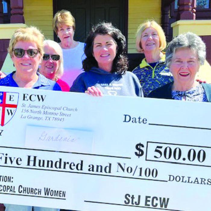ECW (Episcopal Church Women) recently baked and donated $500 to the Gardenia E. Janssen Animal Shelter. Pictured front from left: Jane Malik, Teresa Stanley-Brown, Shelter Director, and Virginia James; back row: Carolyn Cheatham, Fran Mason, and Lil Landry.