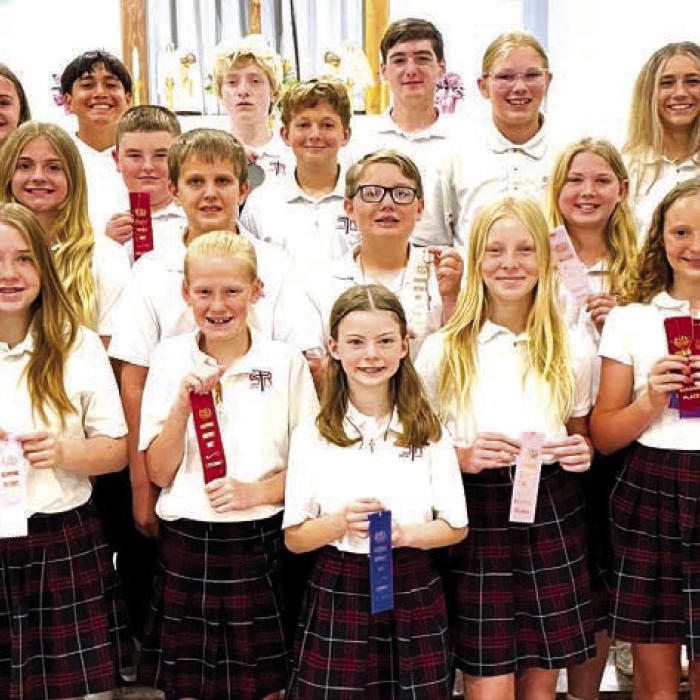 Grades 5-8, front from left: Dillon Goedrich, Reese Dusek, Briley Hartensteiner, Rylee Wright, Brynn Bubela, Caroline Bartek, Kaylee Berger; second row: Cal Schiffli, Mallory Bonner, Abriham McBride, Levi Johnson, William Herzik, Patrick Taylor, Brynlee Berger, Charlotte Schmidt; back row: Anna Oeding, Miranda Bonner, Maximo Hernandez, Allen Ballard, Will Taylor, Ashtyn Schaefer, and Jenna Guentert.