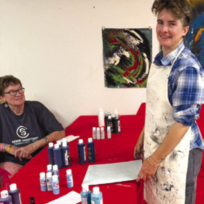 Jaime Janda had her group of students breaking out of their comfort zone in her painting without brushes class at Artful Friday. Berni Gillings was primed and ready to do something new. She thoroughly enjoys our program.