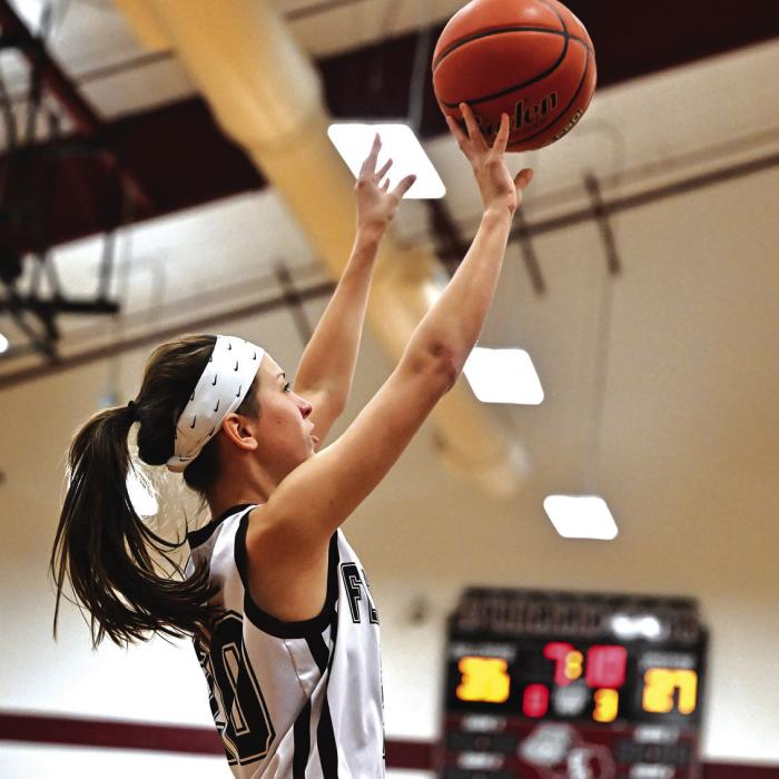 Danielle Vinklarek sinks it for the Flatonia Lady Bulldogs in Tuesday’s 41-39 district opener win over Ganado. Photo by Stephanie Steinhauser