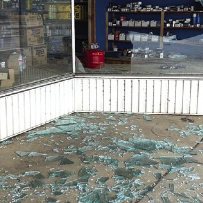 Broken glass in downtown Giddings from Thursday’s tornado. Photo by Lee County Sheriff Garrett Durrenberger