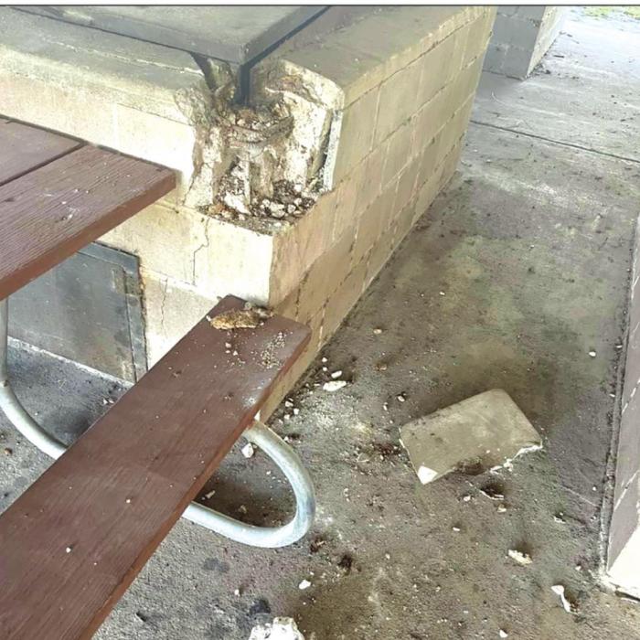 The brick barbeque pits at Wolters Park in Schulenburg were damaged June 22.