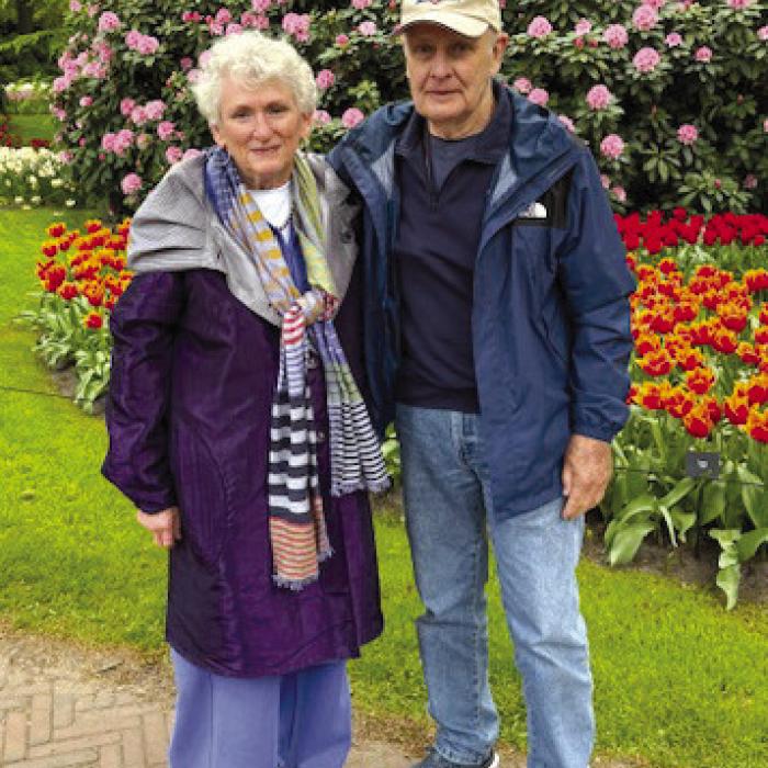 Suzanne and Ed Ellis in Keukenhof Flower Gardens in Lisse, Netherlands. This is one of the world’s largest and most famous flower gardens.