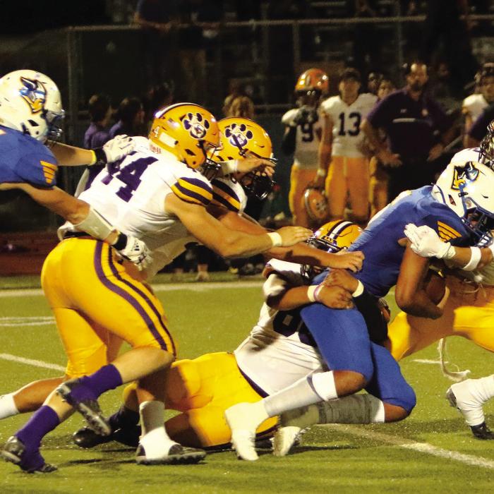 La Grange defensive players including Jackson Owens (44) and Eli Roberts (12) combine to tackle this Lago Vista ballcarrier Friday. Photo by Darrell D. Gest