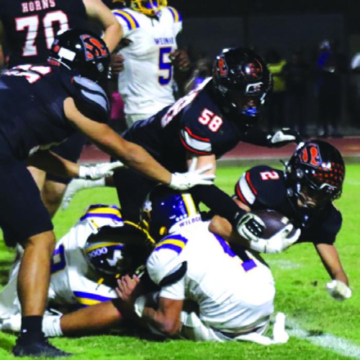 Schulenburg’s Denver Carr stretches for extra yardage Friday. Photo by Audrey Kristynik