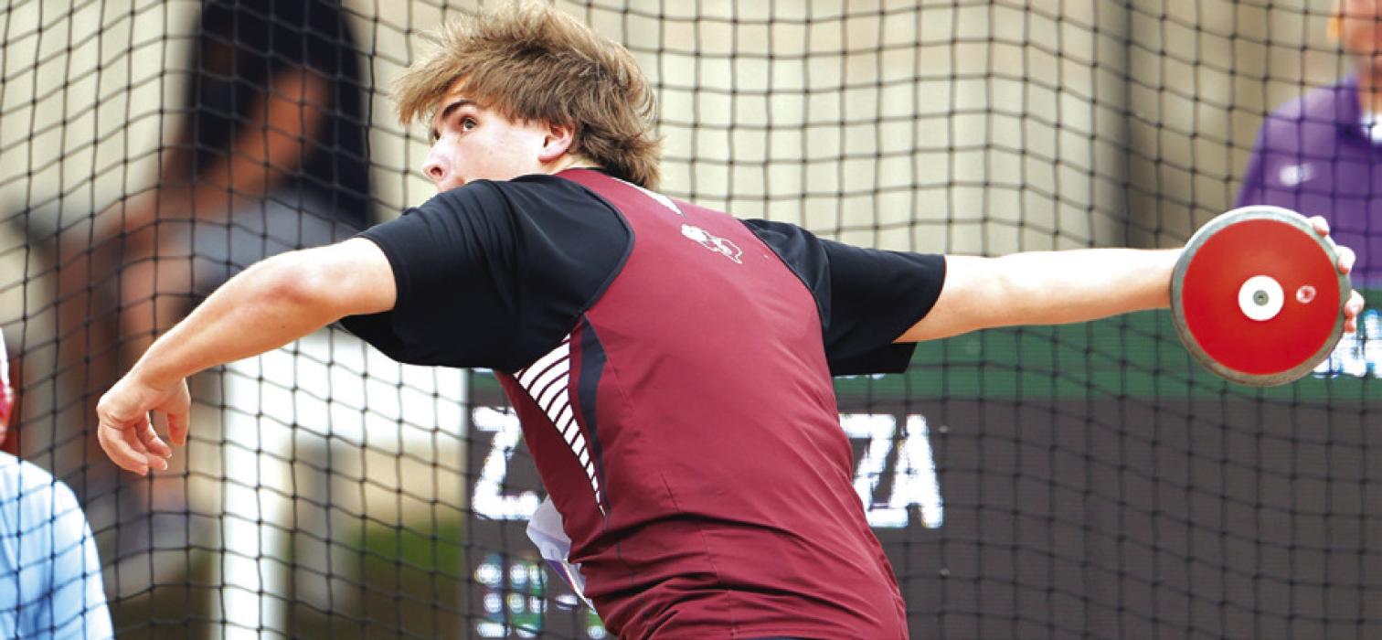 Flatonia’s Zach Charanza, who finished 8th in the 2A discus competition, prepares to throw the discus.