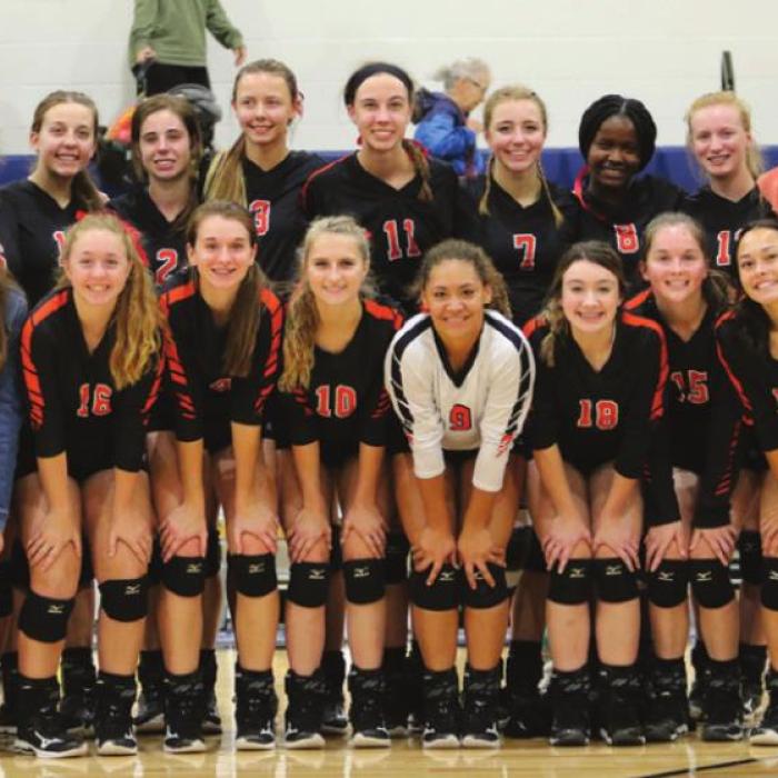 The Schulenburg volleyball team celebrates after Thursday’s area round win. Photo by Audrey Kristynik