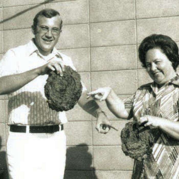 Don Chovanec and Dottie Meinardus hold up the items of choice before the cow chip chunking contest at The Fayette County Fair in 1972. 