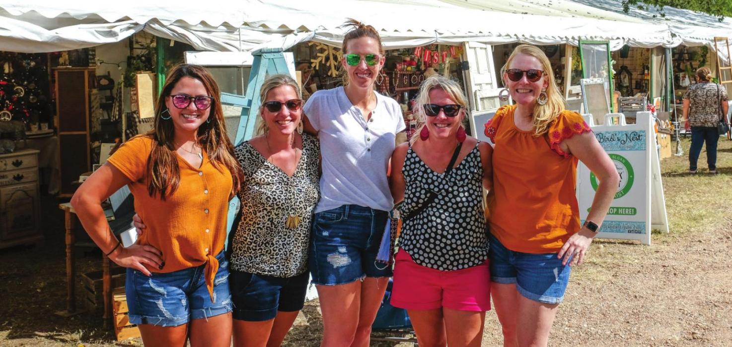 This group of ladies from Cypress were among the crowd in Warrenton on Wednesday for the Fall Antiques Fair: (from left) Laura Mikel, Corrina Wilcox, Amy Brandt, Christa Wilson and Lindsey Havel. Wilcox and Wilson are twin sisters and own vacation rental property in Brenham called 12 Armadillos (www.12armadillos.com). The sisters brought their friends along to Warrenton to shop some interior decor for their condos. Photo by Andy Behlen