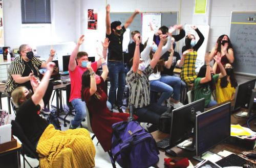 The cast and crew of the La Grange One-Act play react as the district winners are announced last week. Photo courtesy of La Grange yearbook staff
