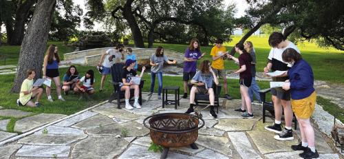The Camp Shakespeare kids are shown here working on their lines for ‘A Midsummer Night’s Dream” which they will perform locally this Friday, Saturday and Sunday.