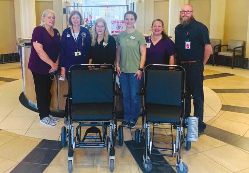 Pictured with the wheelchairs provided by Second Chance are (from left) Ronda Newton, SMMC Registration Services Manager; Lil Landry, SMMC Auxiliary Volunteer; Gail Schielack, Second Chance Shop Director; Julia Thomas, Second Chance Assistant Shop Director; Melanie Hickey, Registration Clerk; and Mel Burgess,