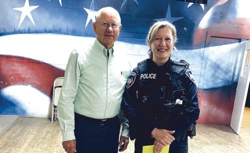 The Flatonia-Cistern Farm Bureau held the potluck dinner and quarterly meeting on Tuesday, March 19 at the Flatonia American Legion Hall. President Danny Vyvjala (left) presented a gift to Geneva Titus (right) who serves as a Flatonia Police Department Investigator and Flatonia ISD School Resource Officer. Geneva was the guest speaker and enlightened the members on the new ways criminals are scamming the public.
