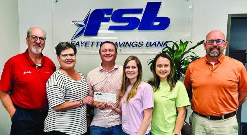Fayette Savings Bank (FSB) presented a donation to a new local nonprofit, Led+Fed. The organization aims to share God’s love by feeding people. Pictured (from left) are Mike Olle and Cheryl Brossmann of FSB, Led + Fed Founders Nathan and Jenny Neiser, Led + Fed Board Member Alycia Konvicka, and Brad Tumis of FSB.