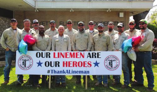 Fayette Electric lineman, front from left: Ronnie Martinek, Macy Scott, Royce Friemel, Mike Proske, Andrei Sublette, Greg Noak, and Justin Whited; back row: Justin Neiser, Shane Drosche, Charles Srubar, Aaron Tonn, Joey Jasek, Steven Kallus, and Corey Brown. Missing from the photo is Line Superintendent Robert Thomas.