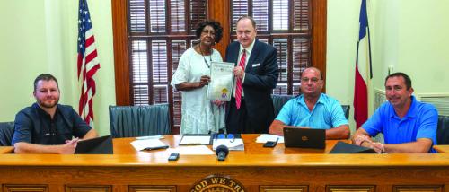 Fayette County Commissioners signed a proclamation designating June 19 as Emancipation Day in Fayette County. On hand for the signing was Verlia Mosley Rhodes, organizer of a local Juneteenth Celebration that will take place June 8 on the Courthouse Square. Pictured (from left) are Pct. 4 Commissioner Drew Brossmann, Rhodes, County Judge Dan Mueller, Pct. 2 Commissioner Luke Sternadel and Pct. 1 Commissioner Jason McBroom.