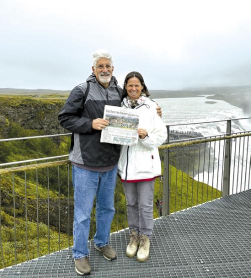 Natalie and Mike Horak of La Grange traveled to Iceland and took along the Fayette County Record. They are pictured here in front of the Gullfoss waterfall in southwest Iceland.