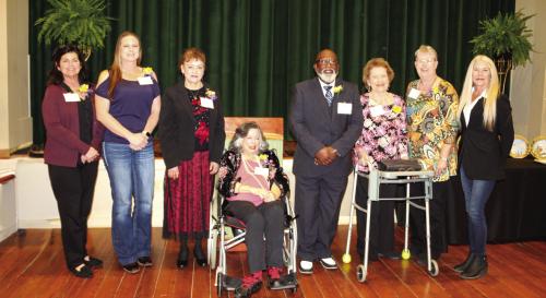 The honorees at Sunday’s “Women Making History Event,” from left to right: Teresa Stanley Brown, Angela Lala, Maria Vega, Karey Patterson Bresenhan, Rev. Andrew Stafford (accepting on behalf of his late mother Maezell Thomas Stafford Townsend), Lucille Ann Blume Strickland, Brenda Lincke Fisseler, and Robin Wedgeworth (accepting on behalf of her late mother Gladys Giese). Photo by Jessica Montez
