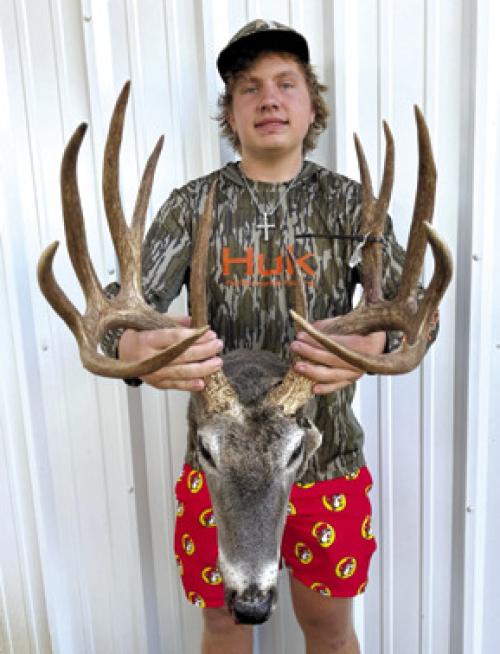 Pictured here is Kasen Kocian with the 13-point buck that he harvested opening morning of bow session. The buck had a drop tine and scored 170. This 3 1/2 year old buck was taken in the Rutersville area. Kasen is the son of Wayne Kocian and Natasha and Andy Kollman and is a senior at Fayetteville High School.