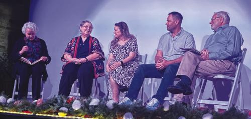 The moderator from the League of Women Voters of South Central Texas, left, interviews Virginia Gilstrap of The Cuero Record and Regina Keilers, Jeff Wick and Larry Jackson of The Fayette County Record on the stage at Flatonia’s Lyric Theater at Sunday’s event.