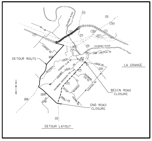 TxDOT announced its plans to close a section of US 77 south of La Grange from June 19 to 23 while workers replace a box culvert under the roadway. Motorists will have to bypass the road closure through Hostyn via FM 2436 and FM 609, as indicated on the map above.
