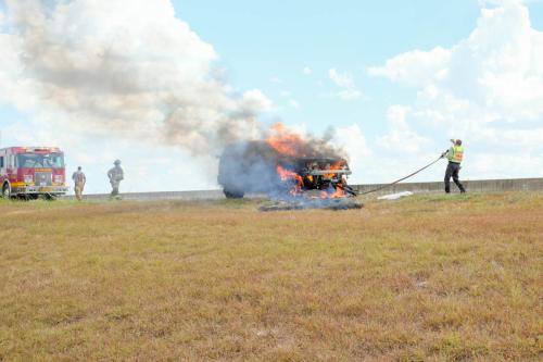 A Nissan Pathfinder burned in a fire on SH 71 Bypass at the east end of La Grange near Ellinger Highway on Tuesday, Sept. 5. Photo by Andy Behlen