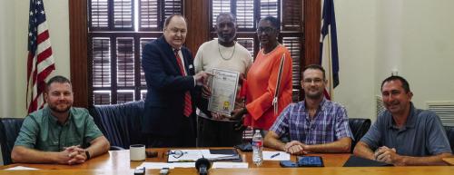 Fayette County Commissioners Court signed a proclamation designating Juneteenth, June 19, as Emancipation Day in Fayette County. The proclamation celebrates the day 1865 when the enslaved people of Texas fi rst learned they were free and had equal rights as their former masters. The text goes on to praise the achievements of Fayette County’s African American citizens. Pictured at the signing are (from left) Pct. 4 Commissioner Drew Brossmann, County Judge Dan Mueller, Gregory Rhodes, Verlia Mosley Rhodes, P