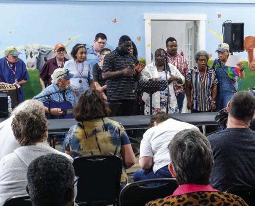 Clients of Gray Legacy Services perform in a concert last Thursday as part of the SongBuddies workshop featuring Terri Hendrix and Lloyd Maines. Photo by Andy Behlen