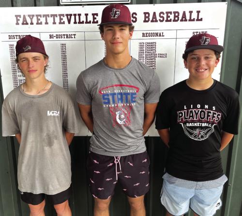The state-semifinal bounds Fayetteville Lions have three new starters this season who weren’t on last year’s state title teams, left to right: freshman catcher Slade Cejka, junior designated hitter Enoch Loafman and freshman second baseball Jacob Muzny. Photo by Jeff Wick