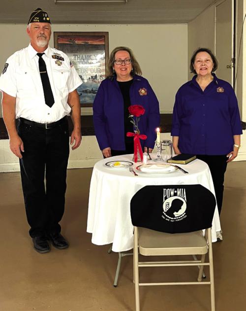 Veterans of Foreign Wars, Fayette Memorial Post No. 5254 and Auxiliary of La Grange held a POW/MIA Remembrance Ceremony at their Tuesday, Sept. 19, monthly meetings. Presenting the ceremony that represents saving a place for the missing man were from left, VFW Sr. Vice Commander Richard Gray, VFW Auxiliary Secretary Elizabeth Kallus and President Marilyn Kothmann. We are to continue to Remember. Until the day they come home.