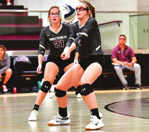 Marissa Rohde and Brooklyn work defense for The Lady Lions against The Flatonia Lady Bulldogs. Photo by Stephanie Steinhauser