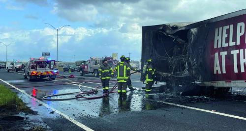Schulenburg volunteer firefighters extinguished a fire that severely damaged the trailer of an H-E-B 18-wheeler on Interstate 10 Saturday afternoon. Photo courtesy of Schulenburg VFD