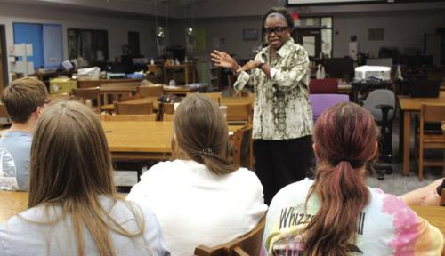 Kathleen McElroy speaking to LGISD students last year.