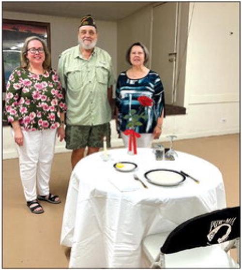 VFW Fayette Memorial Post No. 5254 and Auxiliary of La Grange held a POW/MIA Remembrance Ceremony at their Tuesday, Sept. 20 monthly meetings. From left, Auxiliary Secretary Elizabeth Kallus, VFW Commander Andy Kruppa, and Auxiliary President Marilyn Kothmann presented the solemn ceremony that represents saving a place for the missing man. Until the day they come home, we are to Remember.