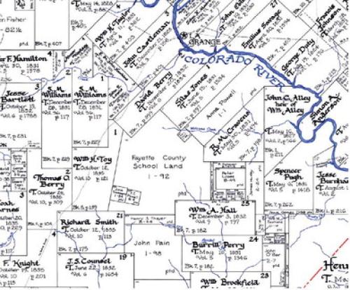 Local surveyor William Bernsen of Plum provided this image of a map he owns showing the boundaries of land abstracts in Fayette County. In the center of the image is an abstract named “Fayette County School Land.” This land was granted by Texas for the benefit of public schools in Fayette County. The land was subsequently sold to private owners with the proceeds dedicated to the schools. Image courtesy of William Bernsen
