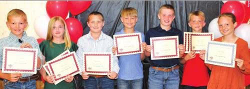 5th Grade, front from left: Holden Holub, Mallory Bonner, Nolan Morgan, Brett Hollas, Bo Brossmann, Weston Hollas, and Caroline Bartek.