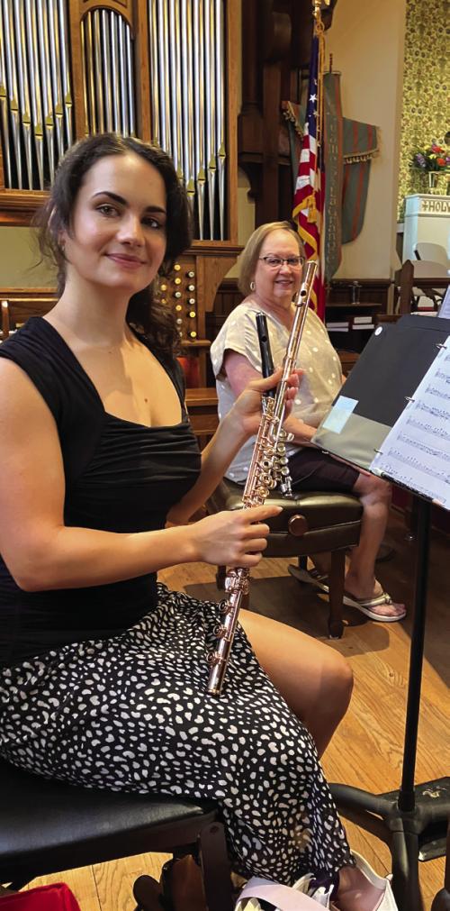 Flutist Isabelle Jamois with her 14K gold flute with rose gold mouthpiece and Pianist Mary Ann Hatfield at the St. James’ Steinway piano, rehearsing for “The Voice of Freedom” in script and song at St. James on Friday, June 26 at 7 p.m. and Saturday, June 27, at 3 p.m. Free in celebration of America’s 250 anniversary.