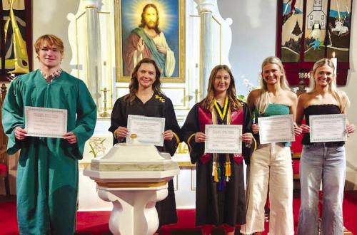 Bethelem Lutheran Church awarded scholarships on Sunday, May 10, to Adler Goehring, Avery Nelius, Gretchen Sacks, Jill Eilers, Tess Eilers, and (Addison Faske, not pictured.)