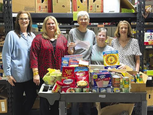 The Round Top and La Grange offices of Round Top State Bank recently held a Food Drive to benefit the AMEN Food Pantry. In addition to food items, monetary donations were also accepted with matching funds provided by Round Top State Bank. Shown from left: Michele Pietsch Stokes – RTSB, Lyndsey Vasek – RTSB, Susan Schultz – AMEN, Mary Lou McElroy – AMEN and Sharon Chovanec – RTSB.
