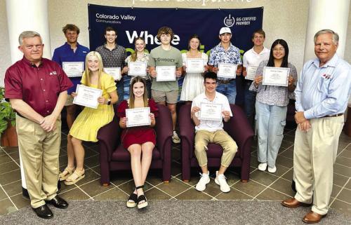 Pictured front from left: Kelly Allison-CVCTX General Manager, Madison Kunschick-Schulenburg, Jodie Kaspar-La Grange, John Kaspar-La Grange, Jessica Torres-La Grange, Gene Kruppa-CVCTX Board President; back row: Hunter Sabo-La Grange, Adin Beyer-Schulenburg, Kaylee Beyer -Schulenburg, Walker Finch-La Grange, Katharina Chaloupka-Weimar, Lawson Fritsch-Fayetteville, Marcus Seger-Hallettsville Sacred Heart. Not pictured: Evan Blazek-Round Top-Carmine.