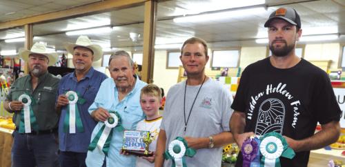 Ag Department: Patrick Hoffmann And Richard Hoffmann-Corn;James Tiemann-Peppers, with Tiemann’s grandson holding plaque; Dustin Machinsky-Watermelon Jubilee; And Brett Janecka-Honey.