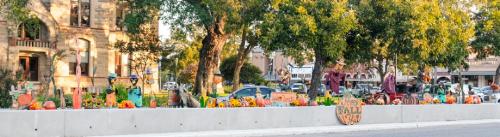 A group of local volunteers led by Michael Schlabach of Ellinger set up some fall decorations in the planter boxes in front of the courthouse along Travis St. in La Grange this week. Photo by Andy Behlen
