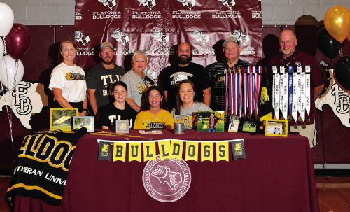 Left to Right Standing : Golf Coach CeCe Oden, Kevin Steinhauser, Virginia Steinhauser, Jory Dupont, Ronnie Steinhauser, Girls Athletic Director for Flatonia Shawn Bruns. Seated left to right: Sarah Ponewash, Jordyn Ponewash, Nikki Ponewash. Photo by Stephanie Steinhauser