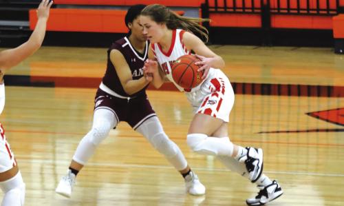 Schulenburg’s Tamara Otto dribbles down the court in Tuesday’s game against Ganado. Photo by Audrey Kristynik