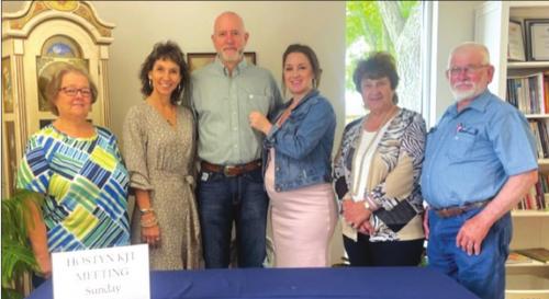 Harold A. Fietsam, Jr. receives his 25-year pin from Hostyn KJT President Shannon Fietsam. The presentation was made at the May 22 meeting of Hostyn KJT Society No. 3. Pictured from left to right: Patsy Janda (filling in as Secretary), Treasurer Brenda Fietsam, Recipient Harold Fietsam, President Shannon Fietsam, Reporter Dianna Kallus and Vice President Benedict Kallus.